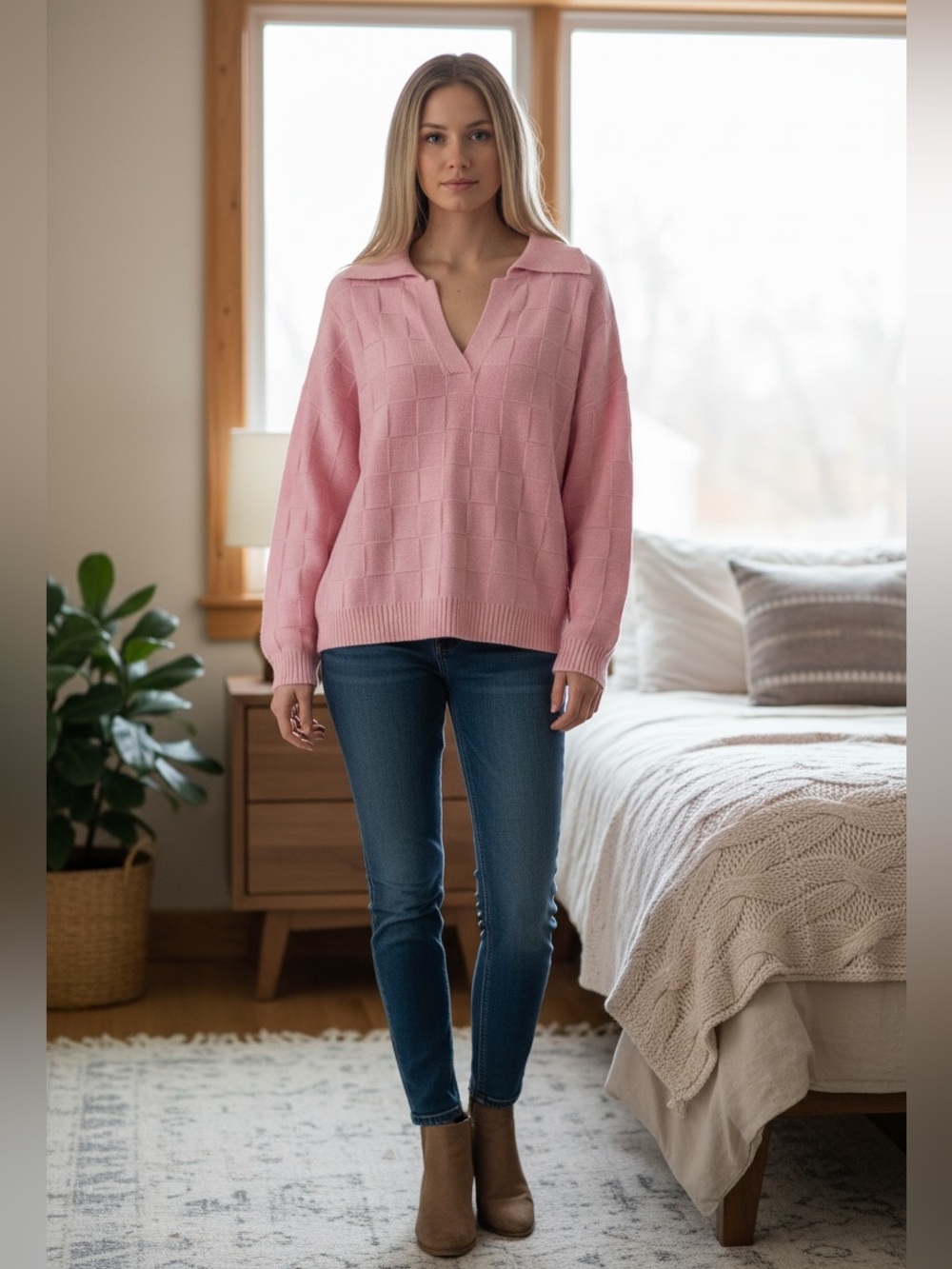 FRNCH Paris Pink Checker Pattern Knit Sweater SzL